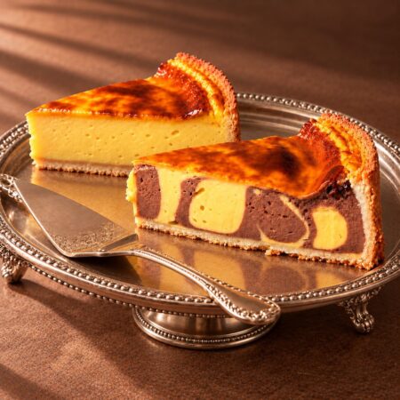 Deux parts de flan Déli Bo sur plateau argenté : flan vanille et flan marbré chocolat-vanille, dessus caramélisé et pâte sablée – pâtisserie à Nice