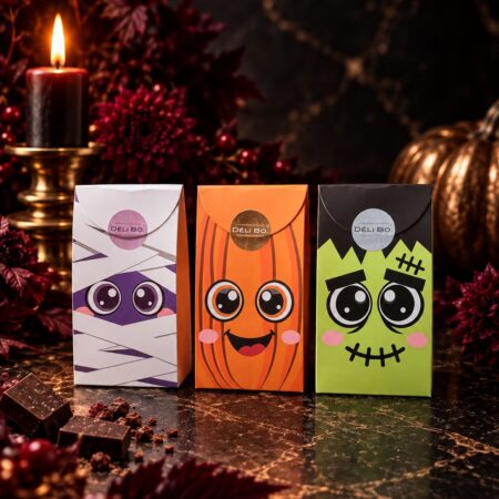 Trois pochettes gourmandes d’Halloween Déli Bo à Nice, modèles momie, citrouille et monstre, entourées de chocolats et de décor d’automne