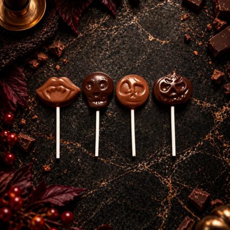 Sucettes en chocolat d’Halloween au lait et noir, modèles aléatoires – chocolaterie Déli Bo à Nice